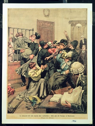 Politieagenten verdrijven suffragettes uit een kamer in het Palace of Westminster, 1906 door Achille Beltrame